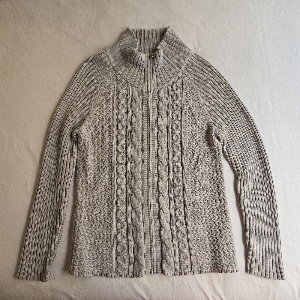 Coldwater Creek Light Gray Cable Knit Full Zip Turtleneck Sweater